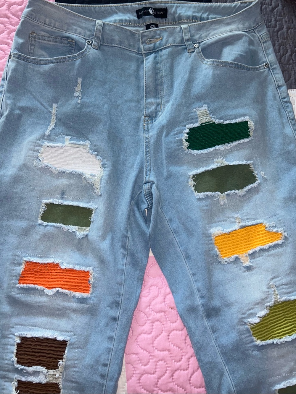 Ashley Stewart Light Blue Slim Straight Jeans with Multi-Color Patchwork